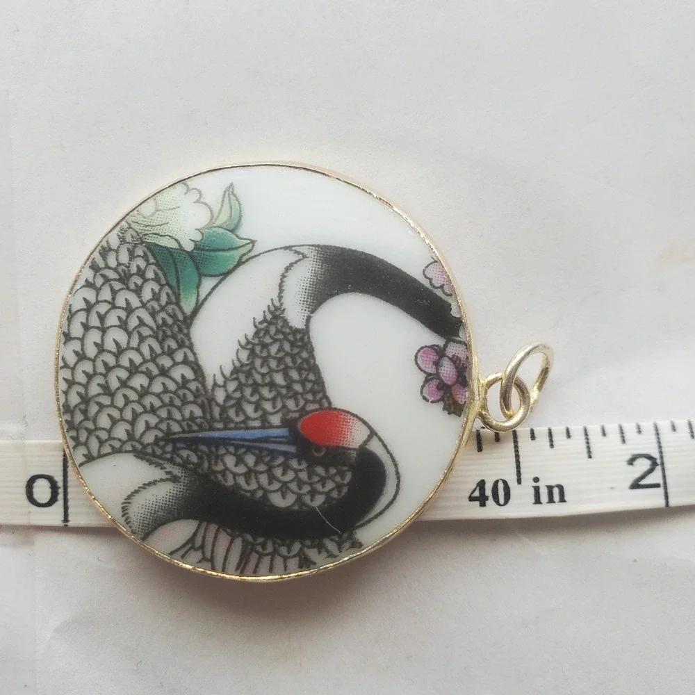 Red Crowned Japanese Crane Vintage Bird Transferware China Pottery Shard Pendant